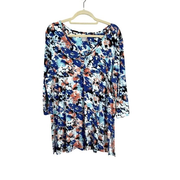 Chicos Top Women XL Blue Floral Pullover Summer Neutral Feminine Watercolor 80s - Picture 1 of 11